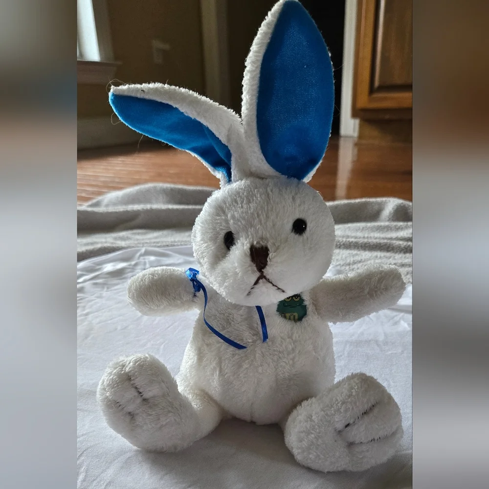 White and Blue  M & M Plush Stuffed Animal with Ribbon 2006